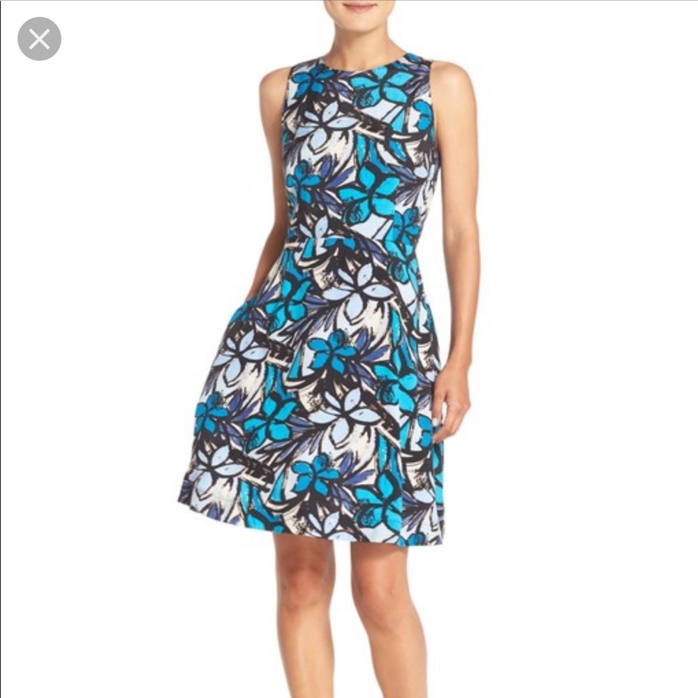 Donna Morgan Blue Floral Faille Fit Flare Dress 0